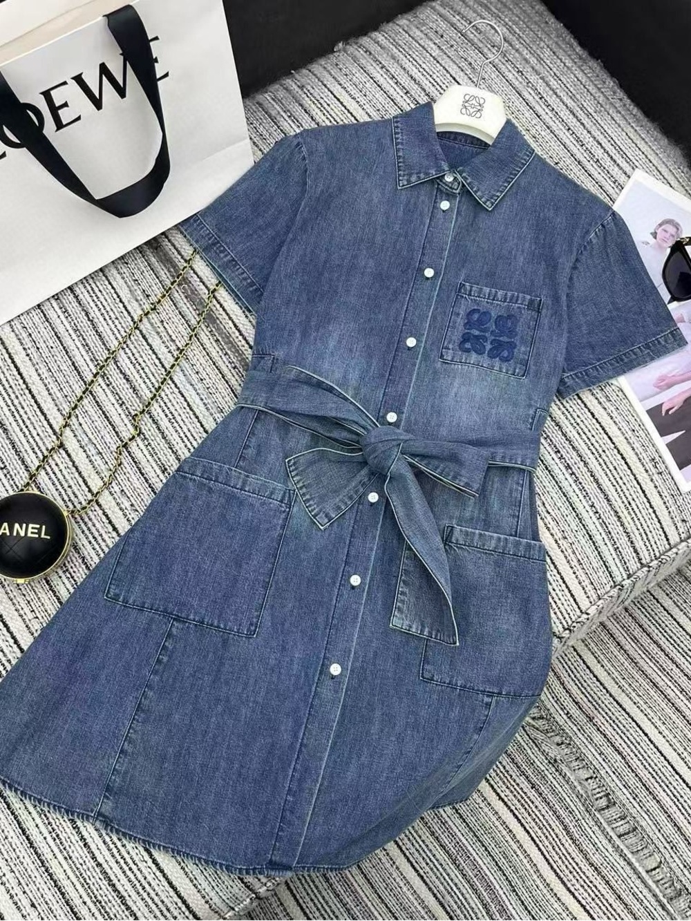 Loewe Blue Denim Short-Sleeve Shirt Dress with Waist Tie